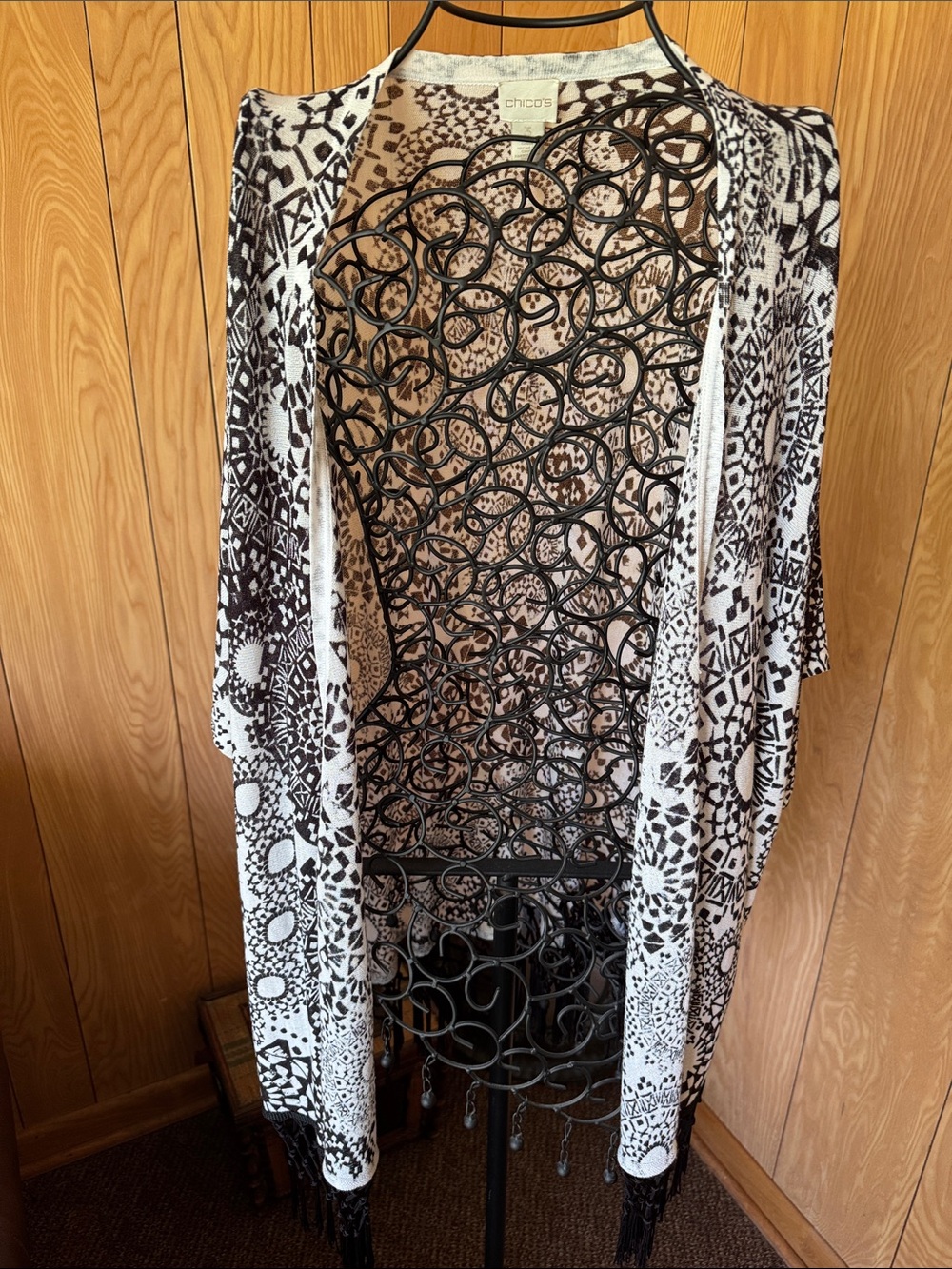 Chico's Black and White Geometric Fringe Open Cardigan Size 3